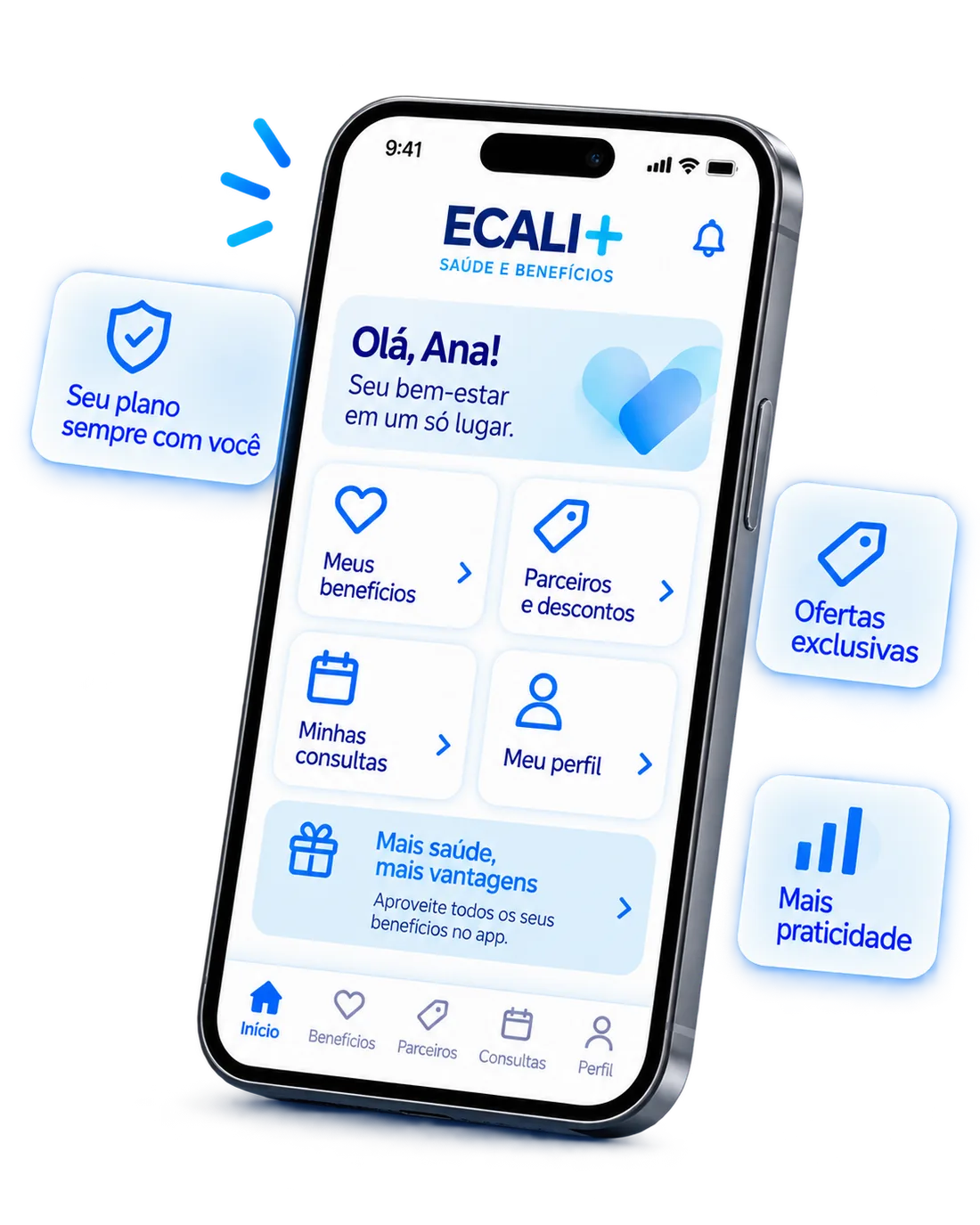 Aplicativo ECALI+ exibido em smartphone com acesso a benefícios, parceiros e consultas
